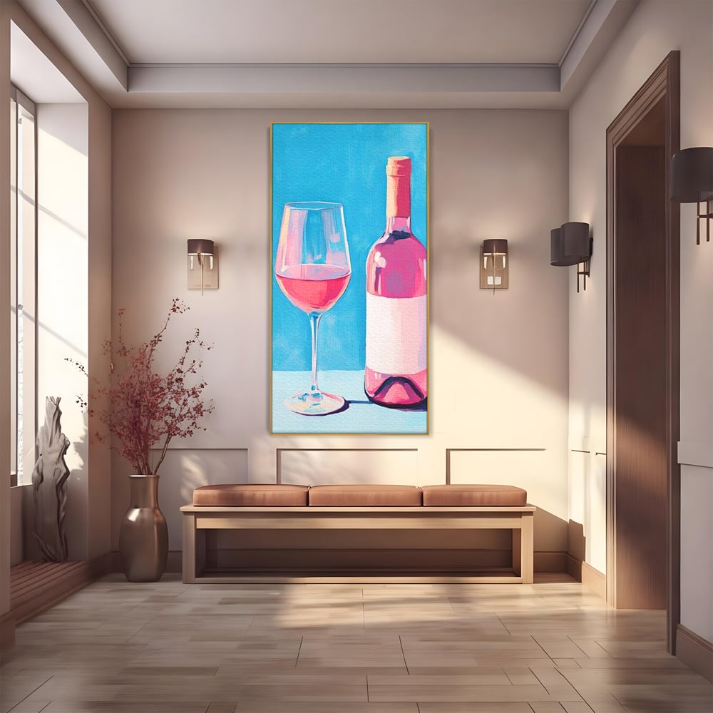 Tablou canvas cu pictura cu sticla de vin rose si pahar, in rama de aluminiu auriu